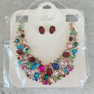 Hush rhinestone multicolor colorful gold tone statement necklace pageant jewelry